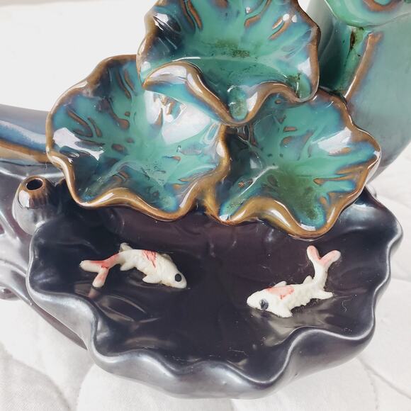 Ceramic Backflow Incense Burner Crescent Moon Lotus Waterfall Koi Fish Blue - Picture 2 of 7